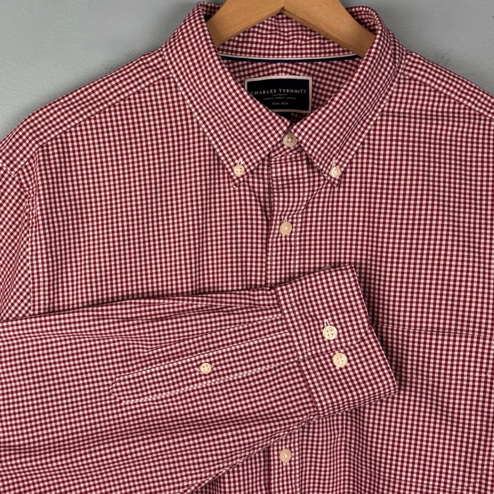 Charles Tyrwhitt Mens XL Red Gingham Slim Fit Non Iron Button Down Dress Shirt